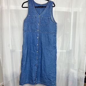 vintage mountain lake denim quilted button down midi dress sz petite large